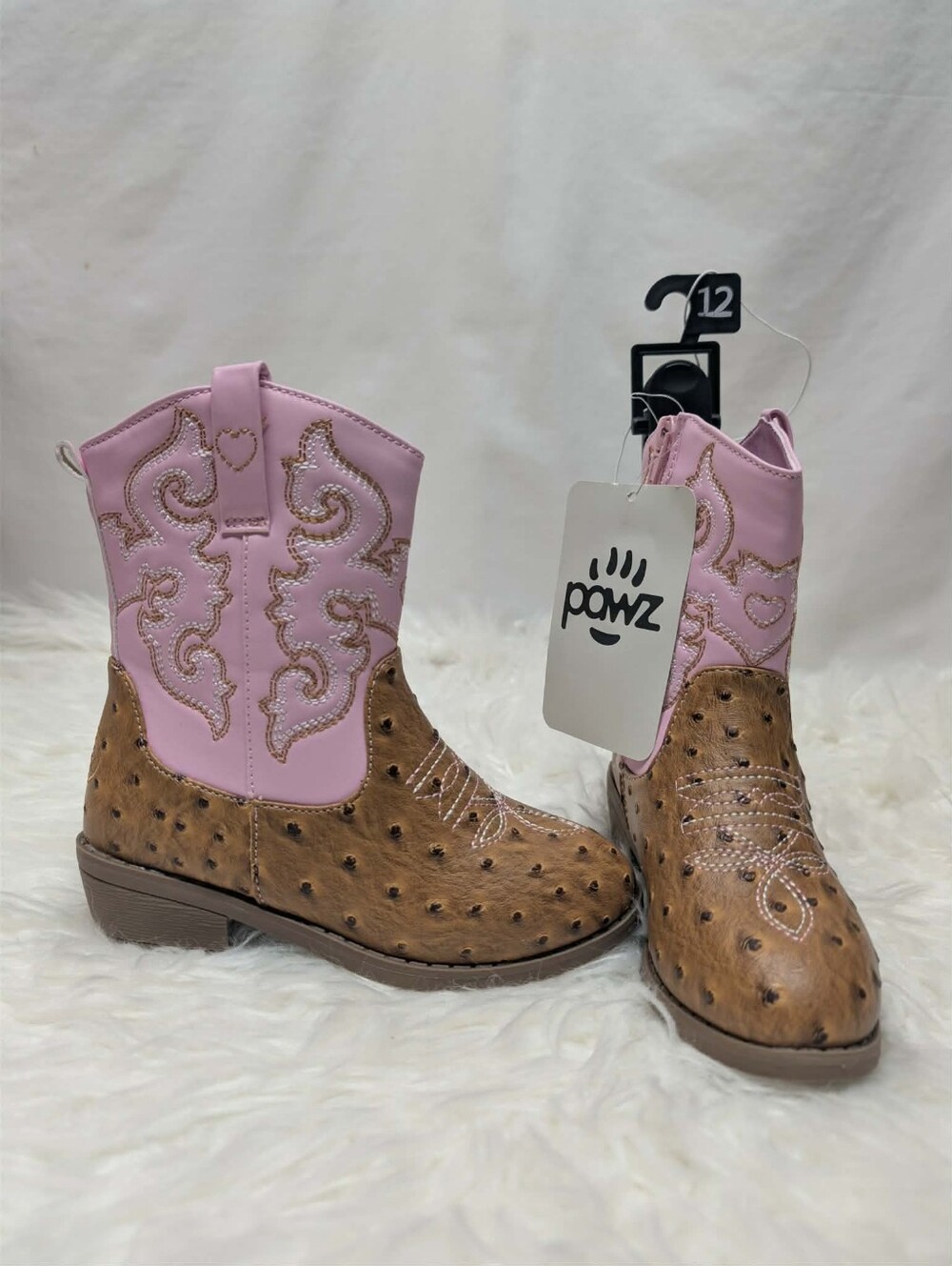 Nwt New PAWZ Pink and Brown Ostrich-Pattern Kids Cowboy Boots